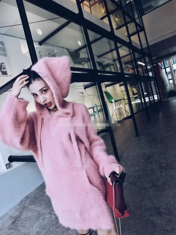 2019 Women Mink Cashmere Sweater With Pocket Pullover Hooded Knitted Jumper Coat Angola fluffy sweaters Free Shipping Z455 | Женская