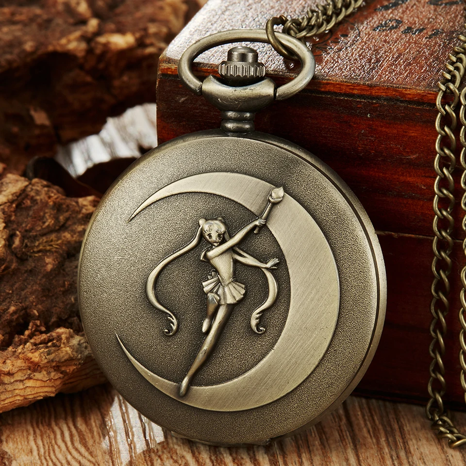 

Кварцевые карманные часы Movie Moon Girl с цепочкой, мужские и женские часы с гравировкой и брелоком, бронзовые Серебристые часы с откидной крышко...