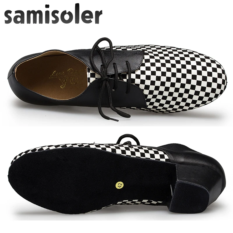 Мужские кожаные туфли для бальных танцев Samisoler черные белые на плоской подошве