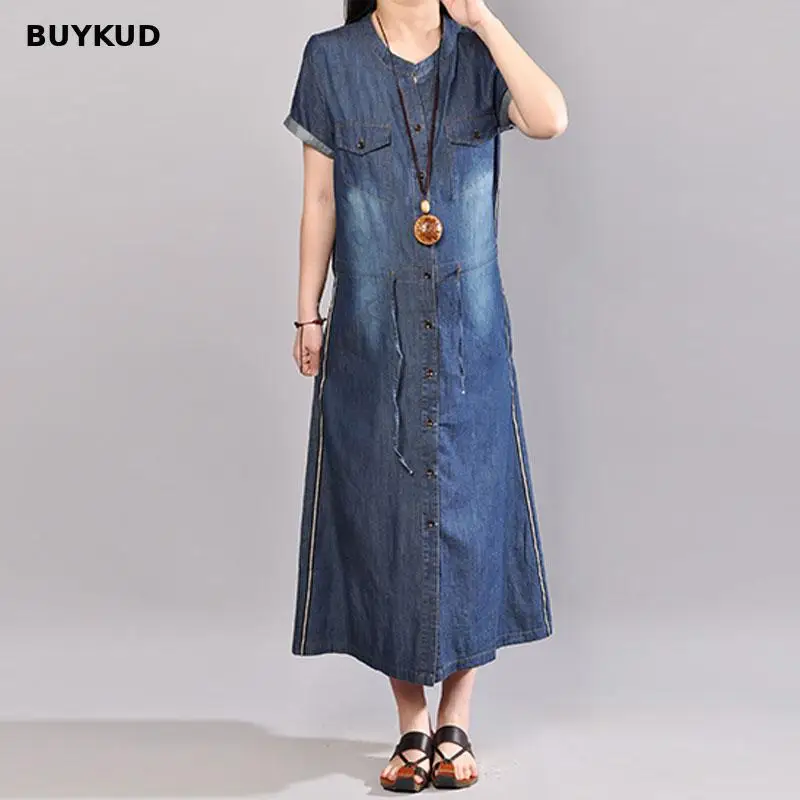 BUYKUD Для женщин Однобортный завязки Изделие из хлопка с короткими рукавами платье