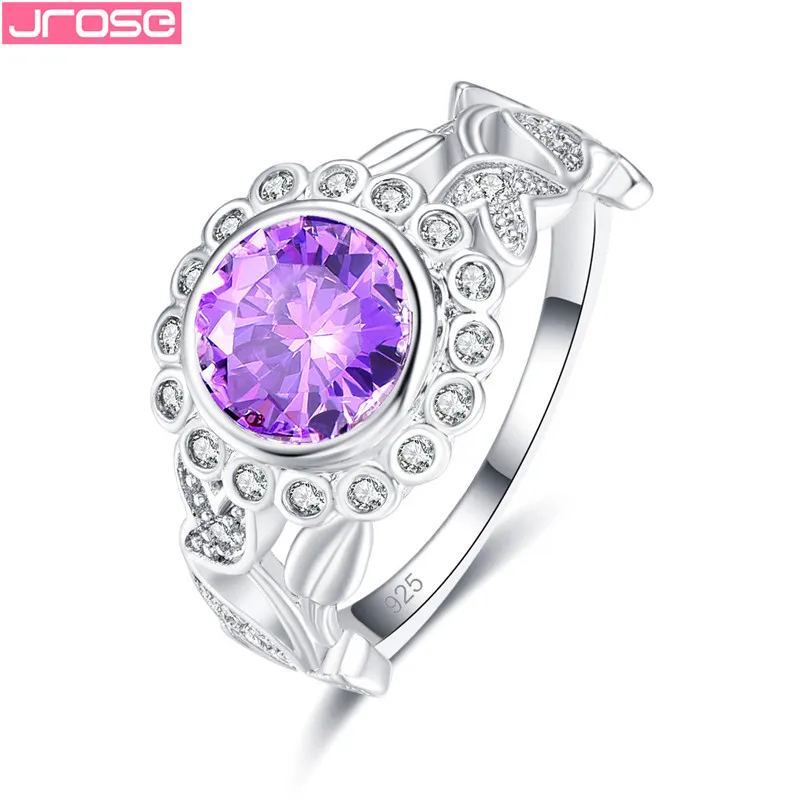 

JROSE 2019 New Sterling Silver 925 Jewelry Ring For Women Purple Chamfering Round bagues pour femme Wedding Valentine Gifts