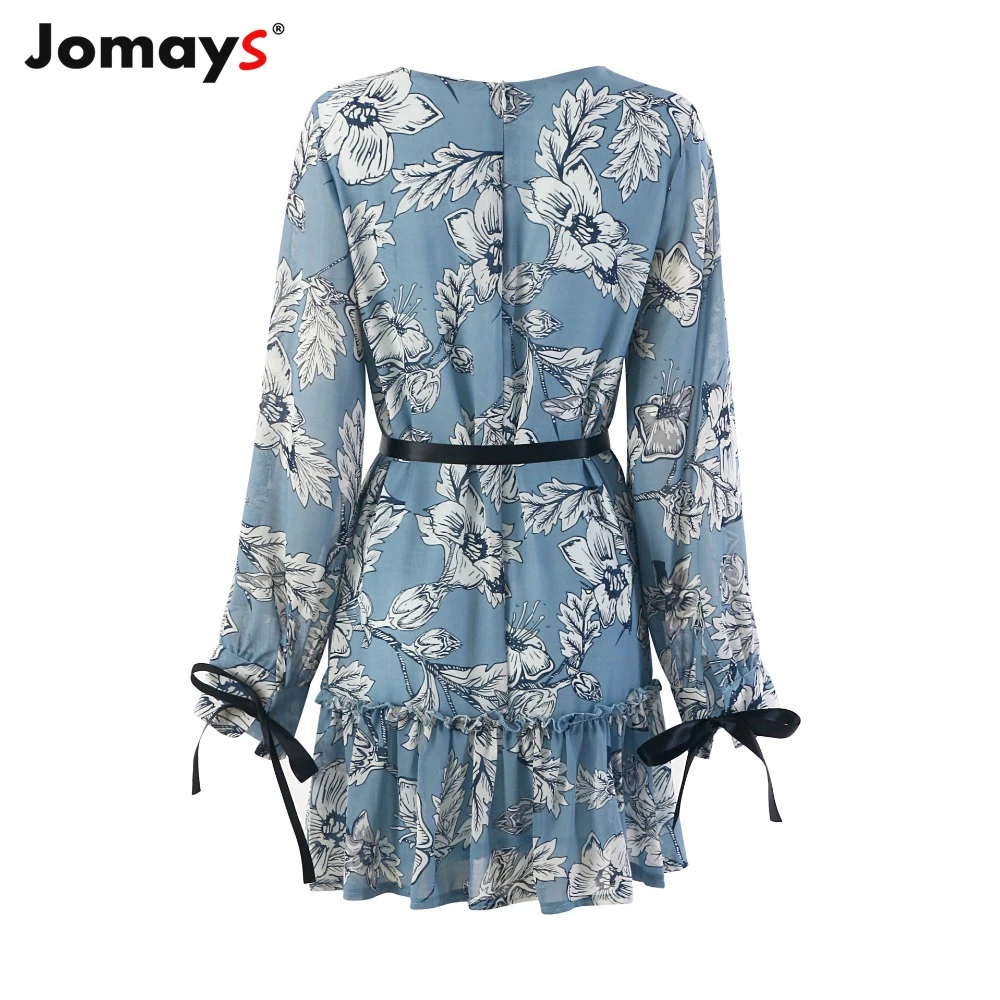 Jomays Women Spring Summer Mini Dress Vintage Floral Print Ruffle Bandage Long Sleeve Vacation Casual Vestido | Женская одежда