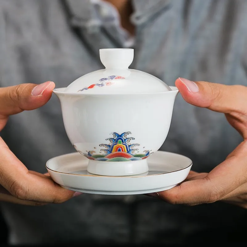 Белая фарфоровая разноцветная чайная чаша Gaiwan с крышкой набор блюдец для чайной