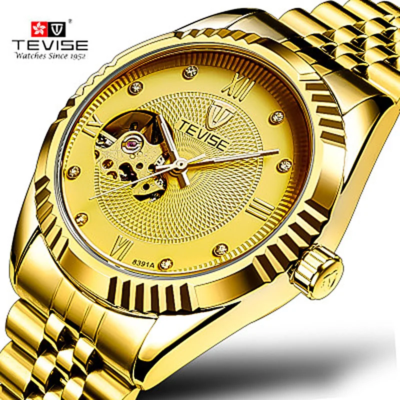 Автоматические механические часы TEVISE для мужчин деловые полностью стальные и