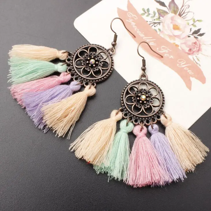 Женские Висячие серьги в богемном стиле форме Ловца снов с кисточками из