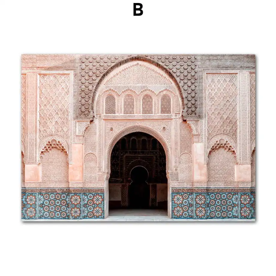 B Morocco mosque дверь пустыни цитаты плакаты на скандинавскую тему и принты исламские стены искусства холст картины настенные картины для декора гостиной - Цвет: B