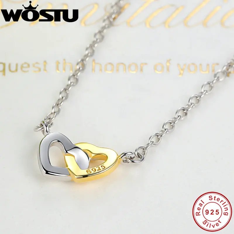 WOSTU 100% Настоящее серебро 925 пробы золотой цвет подвеска в виде сердца ожерелье для