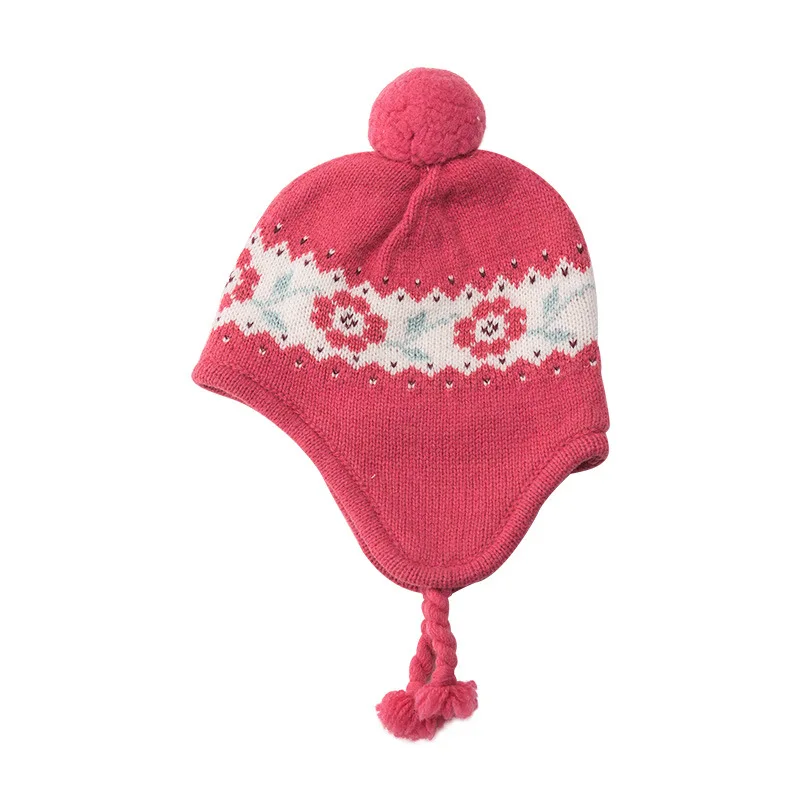 LEMONKID ponytail Bomber Hats For kids flower cap Autumn Winter Big Pom Knit Warm Thick Cable Earflap Ear Protection Child |