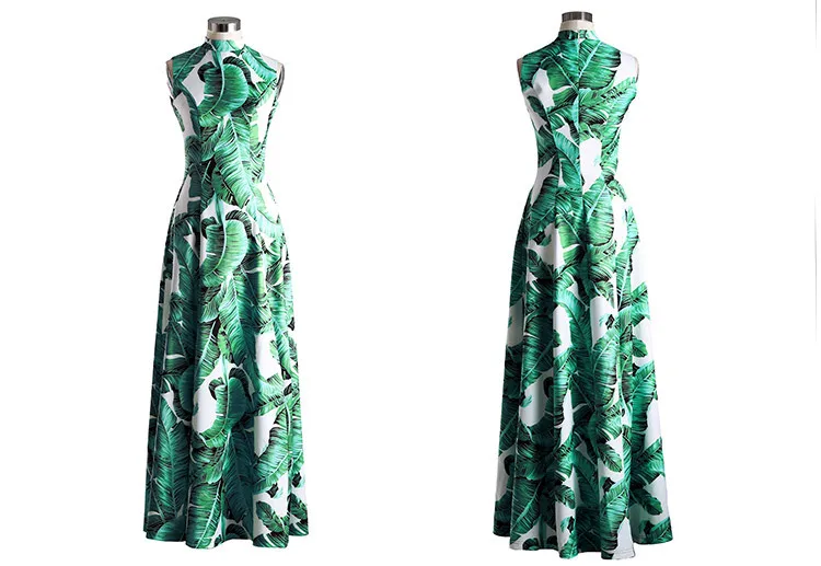 Customized women vintage dress maxi Green Leaf printed sleeveless casual dress high waist A-line slit dress