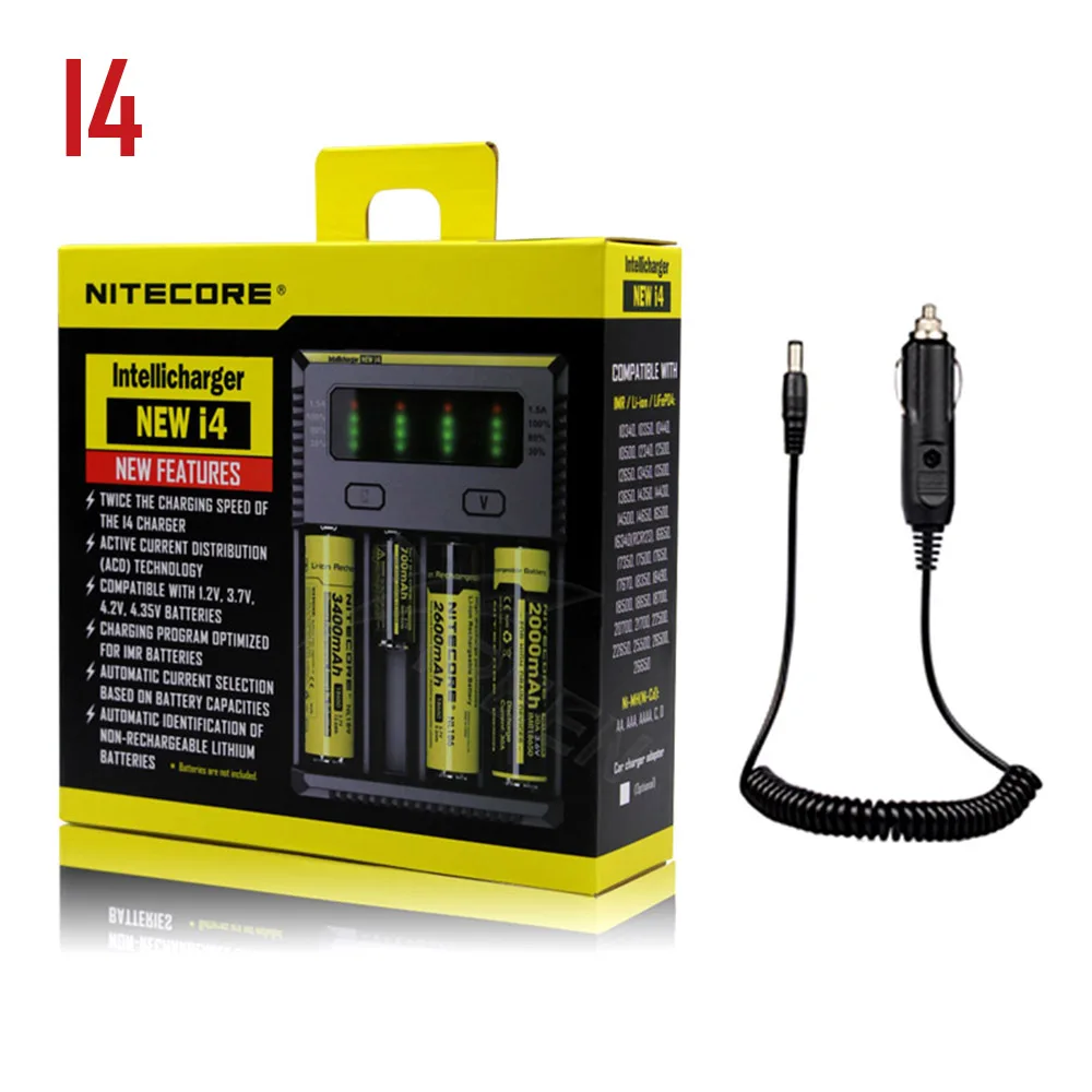Бренд Nitecore D4 D2 I4 I2 Digi зарядное устройство lcd интеллектуальная схема Li-Ion для 26650 18650 16340 14500 AAA автомобильное зарядное устройство - Цвет: I4 with car charger