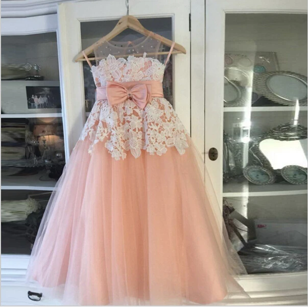 Pink Girls Dresses Ball Gown Lace Applique with Bow Solid O-neck Flower Girl Dresses Vestido De Daminha