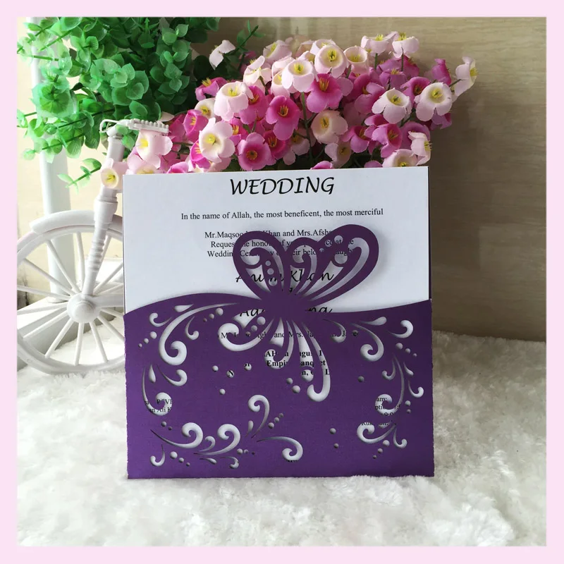 

50pcs deep purple romantic wedding invitation cards laser cut butterfly design pocket birthday party girl birthday greeting crad