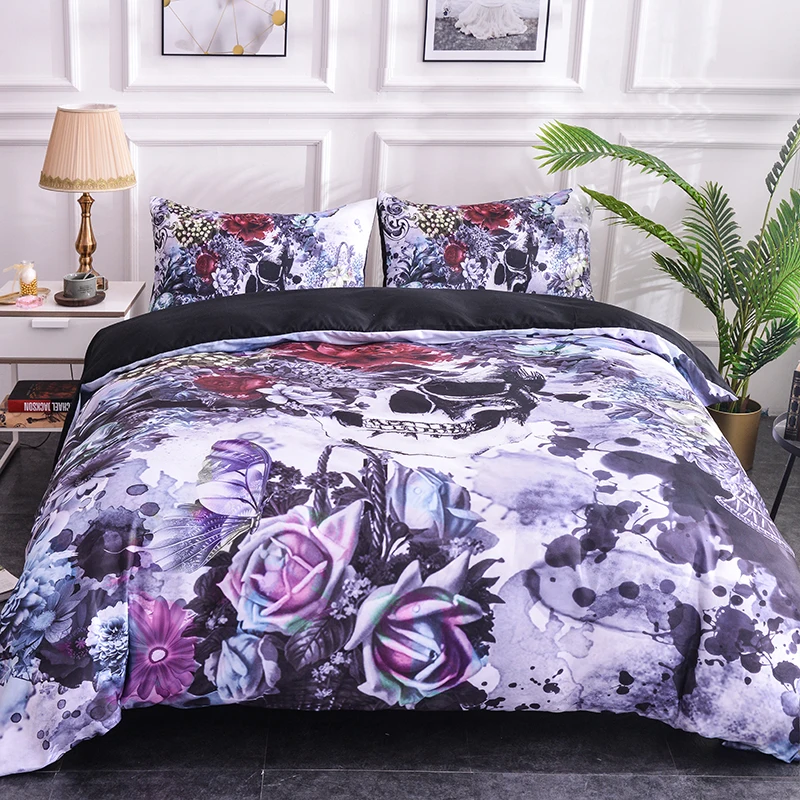 Boniu Soft Comforter Cover Skull Bedding Set 3pcs Ink Painting Sugar Quilt Pillow Cases King Size Duvet | Дом и сад
