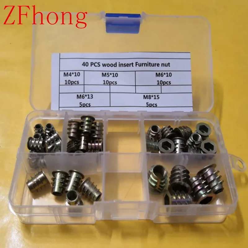 

40pca M4 M5 M6 M8 Zinc Alloy Flange wood Insert Nut Hex Drive Head Furniture Nuts Assortment Kits