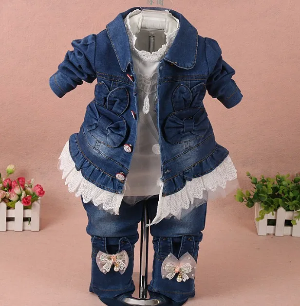 

new 2017 spring girls lace flower denim jacket+t shirt+jeans clothing sets 3pcs kids clothes sets girls casual denim suit