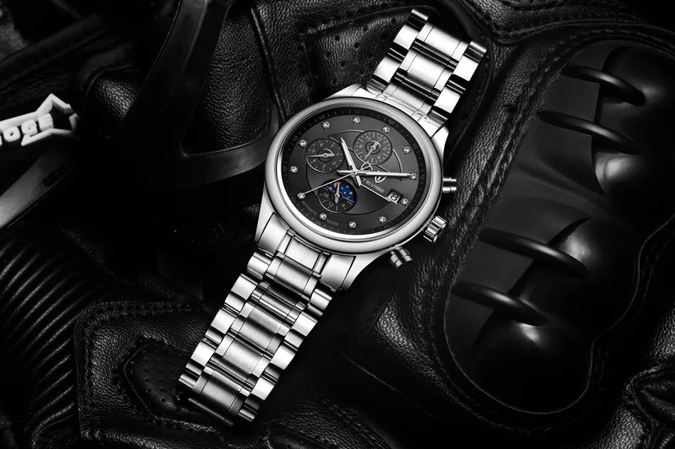 Марка TEVISE Для мужчин часы Moon Phase автоматические часы механические часы Для мужчин модные Повседневное Нержавеющая сталь наручные часы relogio