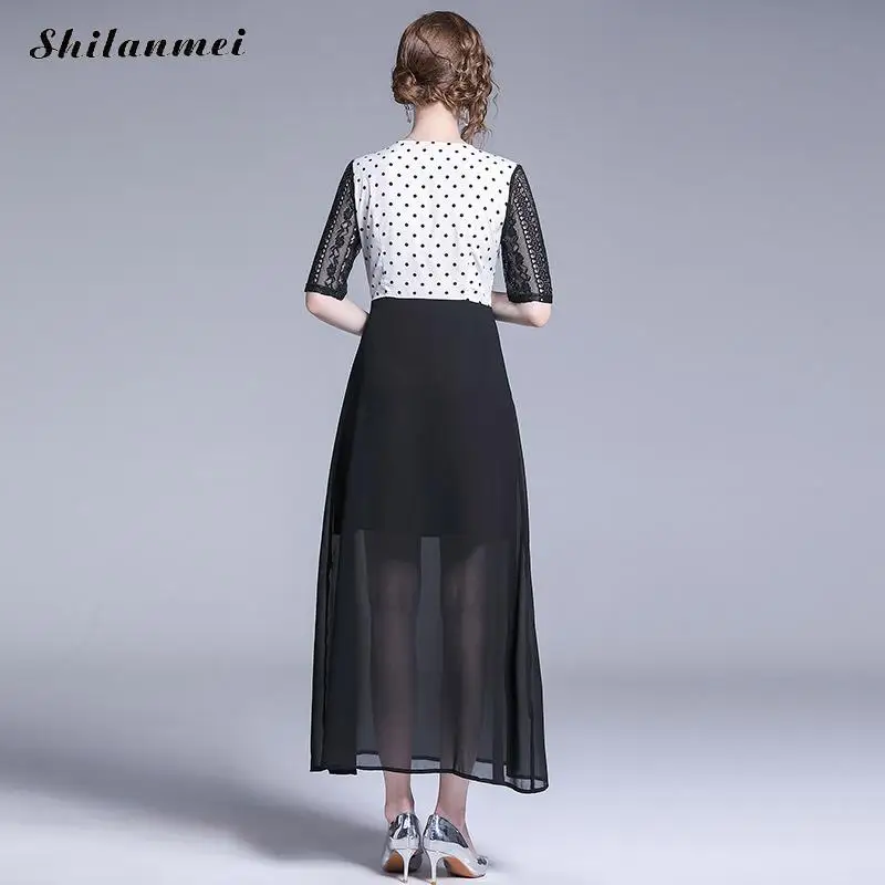 

Vintage Polka Dot Chiffon Summer Dress Women Lace Patchwork V-neck Midi Dress OL Daily Work Wear Casual Slim Mid-long Dress