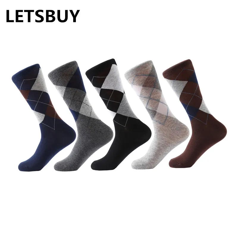LETSBUY 10 pair/lot Men's socks solid color Cotton Socks Argyle pattern crew socks for business dress casual funny long socks