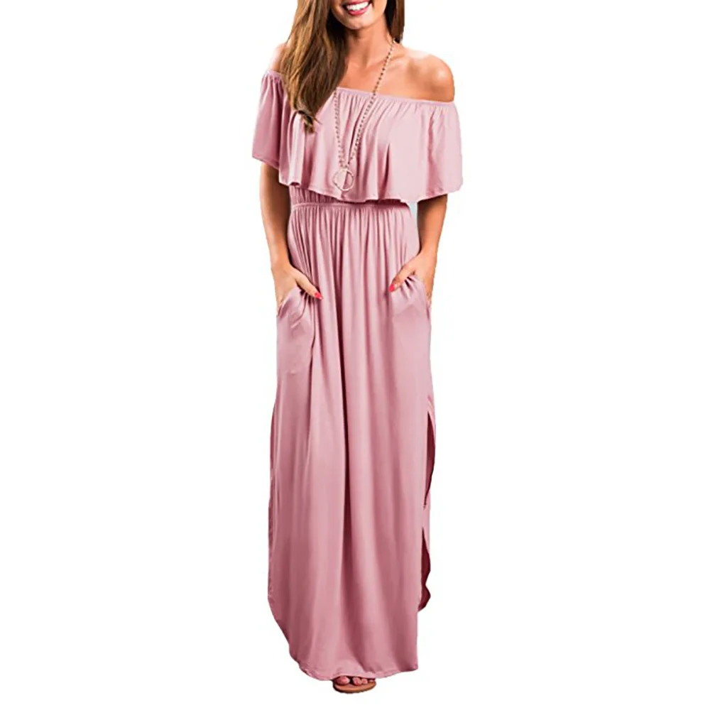 Для женщин Off Shoulder Ruffle вечерние платье с разрезом пляжное половина чашки X Большой