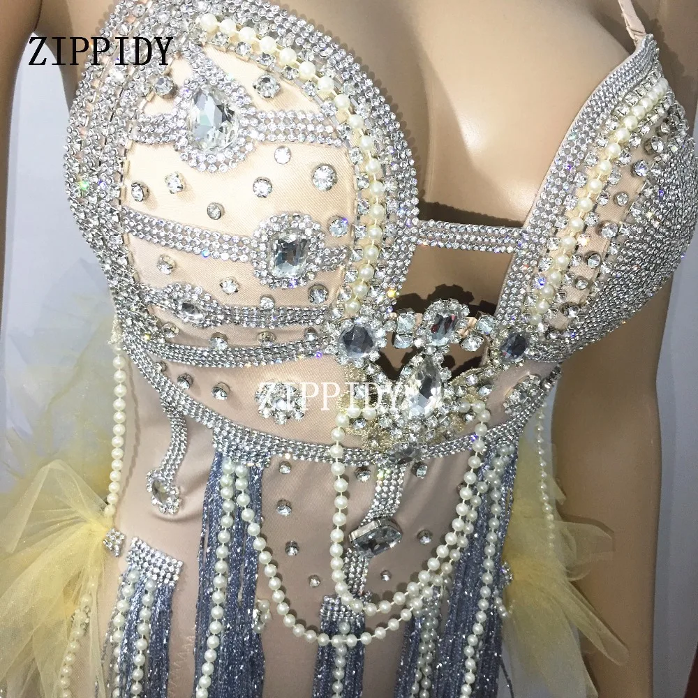 Sparkly Crystals Nude Tassel Bodysuit Chains Outfit Nightclub Bright Rhinestones Costume Female Singer Birthday Leotard