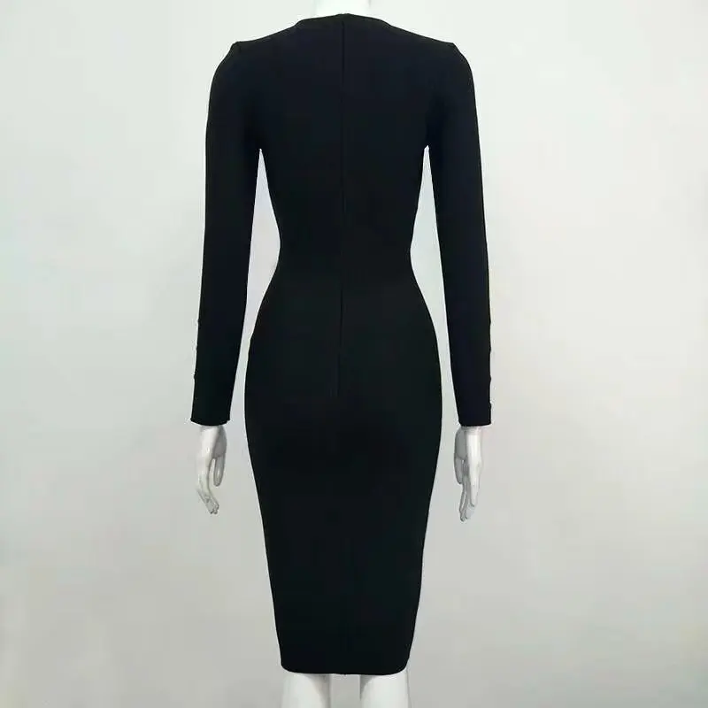 Женская летняя сексуальная кнопка с длинным рукавом черный обнаженный Bodycon Бандажное платье длиной до колена Элегантные дизайнерские платья