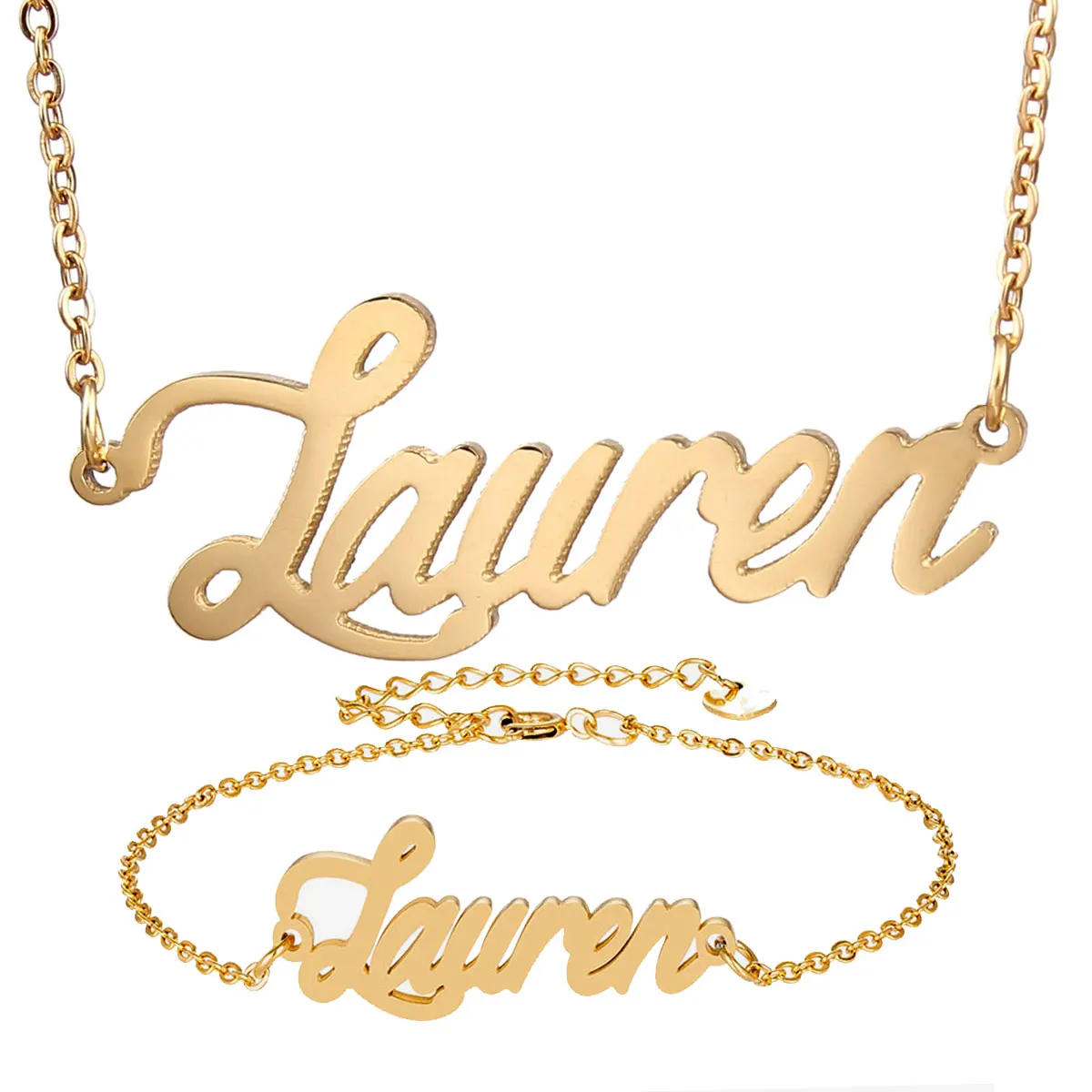

Fashion Stainless Steel Name Necklace + Bracelet Set " Lauren " Script Letter Gold Choker Chain Necklace Pendant Nameplate Gift