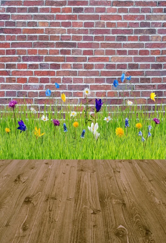 Laeacco Brick Wall Wooden Floor Spring Flowers Grass Baby Child Scenic Photo Backgrounds Photography Backdrops Studio | Электроника