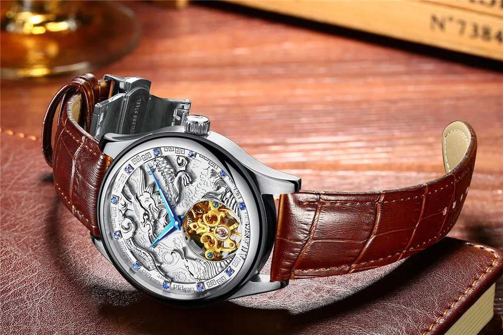 Лошадь узор tourbillon Классический для мужчин деловые часы деловые водонепроницаемые часы Элитный бренд пояса из натуральной кожи автоматические часы