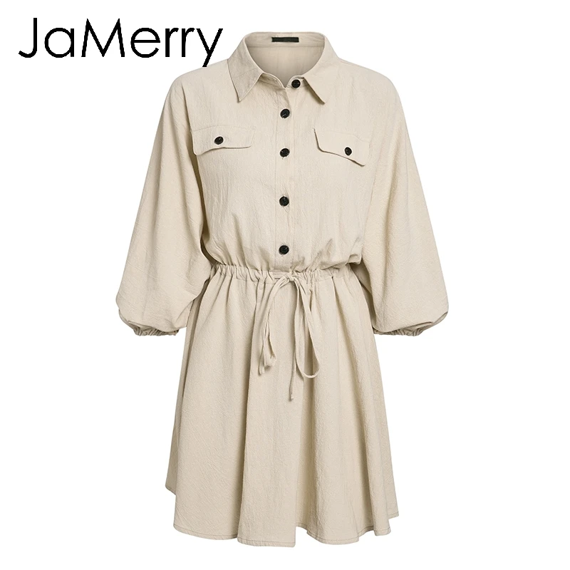 JaMerry, винтажное, прочный фонарь, рукав, Короткое мини платье, отложной воротник, на шнуровке, льняные платья, весна, повседневные женские платья, vestido