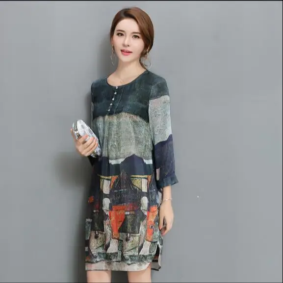 2019 летний офисный шелк с принтом шифон A Line повседневное офисное Женское Платье