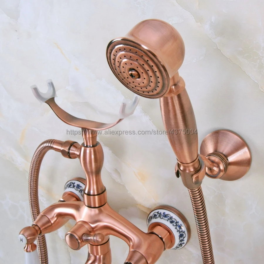 Античный красный медный настенный смеситель для ванной комнаты Clawfoot и ручной душ