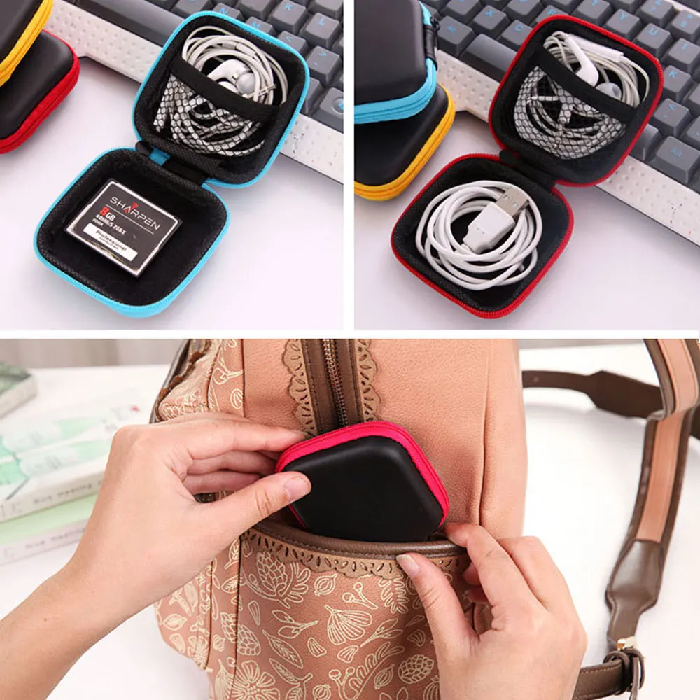 Mini Zipper Hard Headphone Case Portable Earbuds Pouch box PU Leather Earphone Storage Bag Protective USB Cable Organizer | Электроника