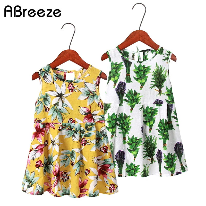 Платье без рукавов для девочек модное пляжное платье из хлопка с цветочным