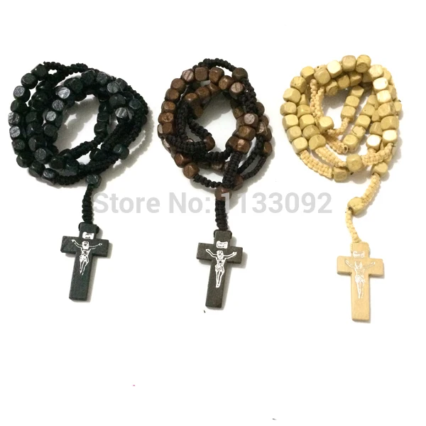 

free ship 60pcs/lot Mix 3 colors 18" Cord Square Wood Beads Rosary Jesus Cross Necklace Sturdy Construction