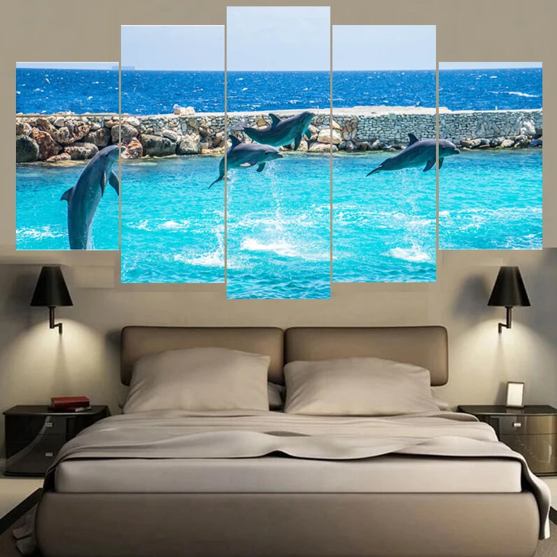 

Canvas HD Printed Pictures Wall Art Posters 5 Pieces Home Decor Graceful Jumping Dolphins Animal Blue Sea View Painting Framed