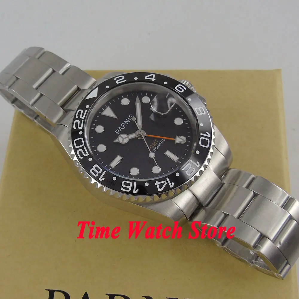 Мужские часы parnis GMT 40 мм сапфировый кристалл Керамическая рамка светящиеся