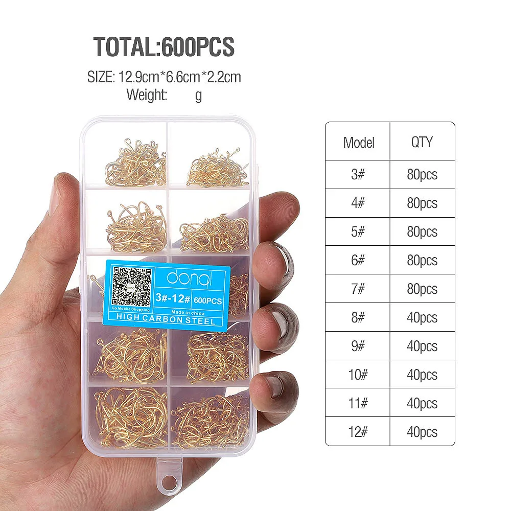 DONQL 200-700pcs/ Set Fishing Hooks Barbed Carp Single Fishihook 3#-12# Jig Fly Fishing Hooks Carbon Steel Sea Accessories - Цвет: 600pcs