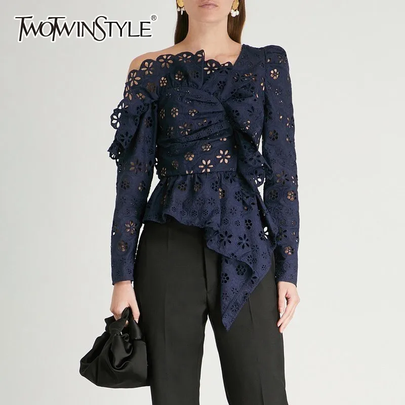 TWOTWINSTYLE, кружевные рубашки, блузка, женская, с длинным рукавом, с открытыми плечами, с вырезом, ассиметричные топы, женские, осень, сексуальная мода