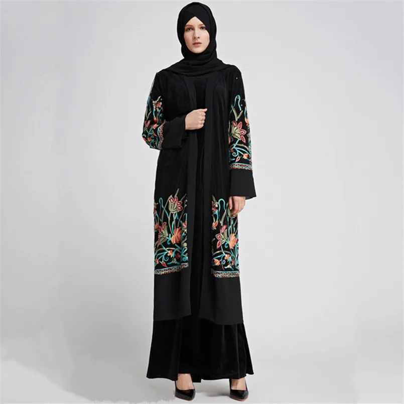 Мода Дубай Длинные Embroidered Kimono кардиган черный пол Длина рукава снаружи халаты 2018