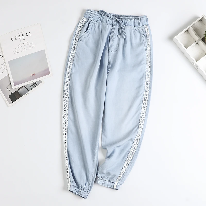 Боковые кружевные лоскутные джинсовые tencel свободные брюки джинсы s-xl |