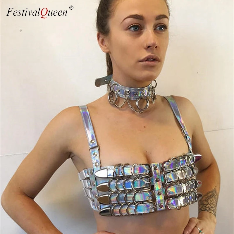 FestivalQueen Женская Сексуальная Лазерная ПУ майка Модная голографическая ручная работа пэчворк открытая спина кроп Топы Вечеринка клуб одежда для леди