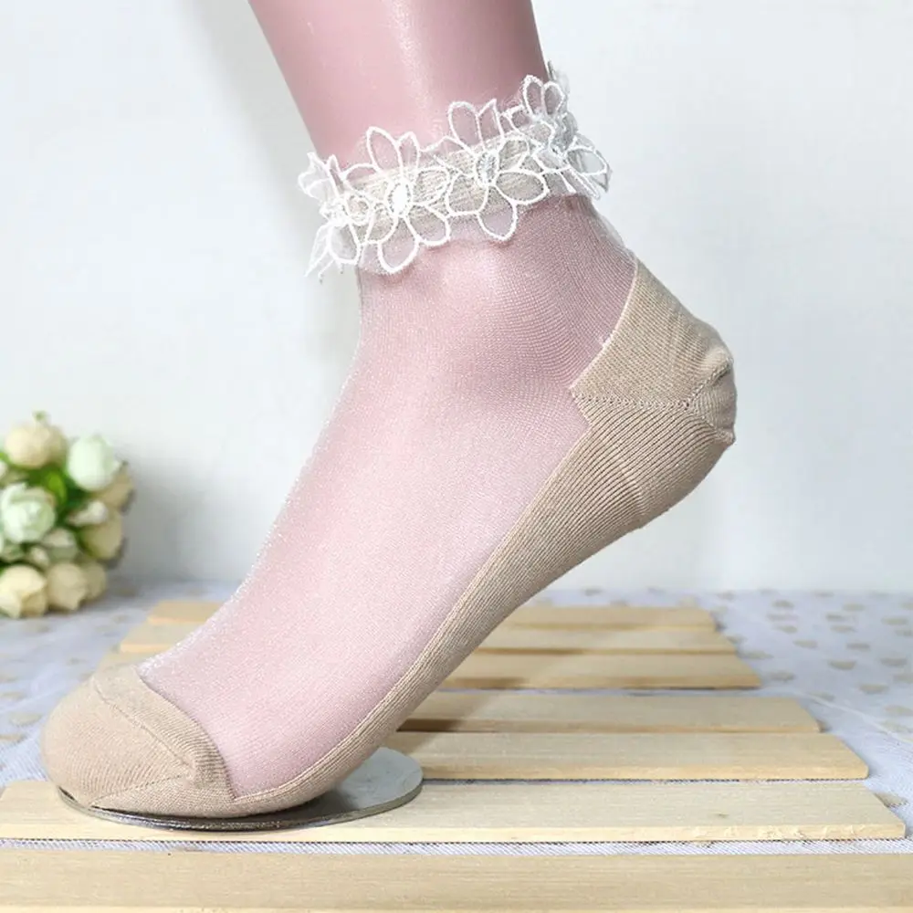 beige Женские Кружевные Гофрированные носки, мягкие удобные прозрачные шелковые хлопковые эластичные сетчатые вязаные прозрачные носки с оборкой, calcetines mujer sox - Цвет: beige