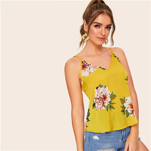 Шеин Двойной Глубокий V шеи цветочные Cami Top Boho Женская одежда Спагетти ремень топы Летний жилет топы - Цвет: Цвет: желтый