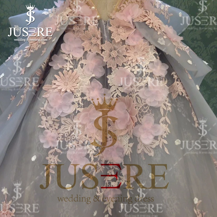 Jusere, цветочный лиф, а-силуэт, Формальные платья, иллюзия спины, кружева, Аппликации, Многоуровневое вечернее платье, длинный шлейф, серый, розовый