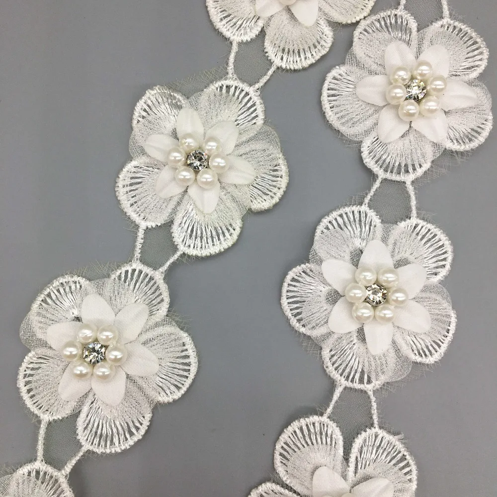 50x Nigerian Lace Fabric 2019 White Pearl Beaded Flowers Rhinestones Trim Embroidered Applique Wedding Dress Sewing Craft | Дом и сад