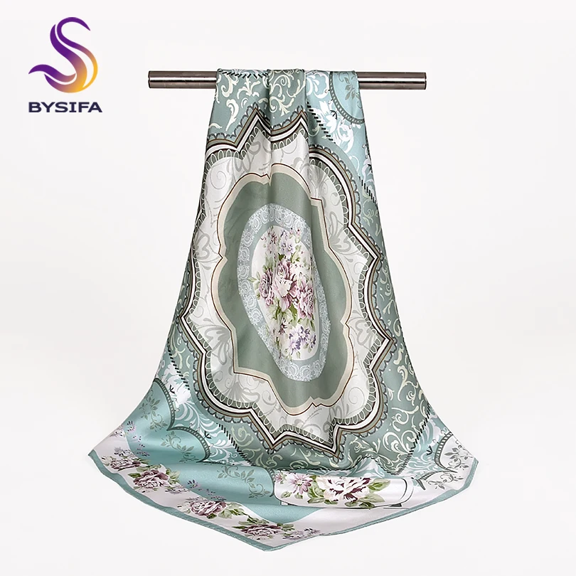 

[BYSIFA] Ladies Light Green Silk Scarf Shawl Fall Winter Elegant Peony Design Square Scarves 68*68cm Chinese Style Neck Scarf