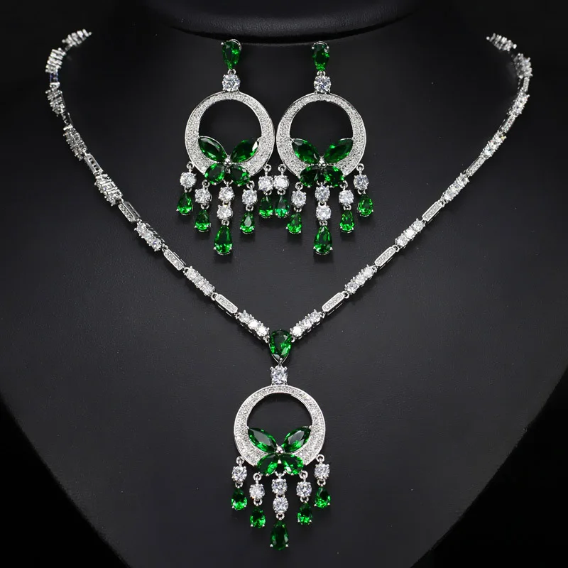 green ThreeGraces красивый желтый кубический камень цирконий большие длинные серьги-подвески с бабочками колье ожерелье наборы для женщин Свадьба JS097 - Окраска металла: green