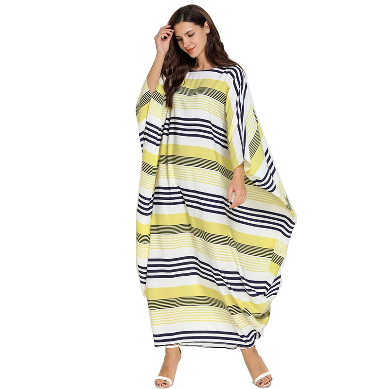

Muslim Party Abaya Women Maxi Dress Long Sleeve Stripe Abaya Long Robes Ramadan Arab Islamic Clothing 7779