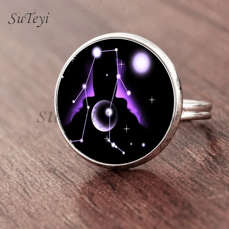 SUTEYI Ретро 12 кольцо созвездия DIY Овен, Телец Стрелец Gemimi Кристалл Кольца круглая картина под стеклом подарок ювелирные изделия - Цвет основного камня: silver  Gemimi