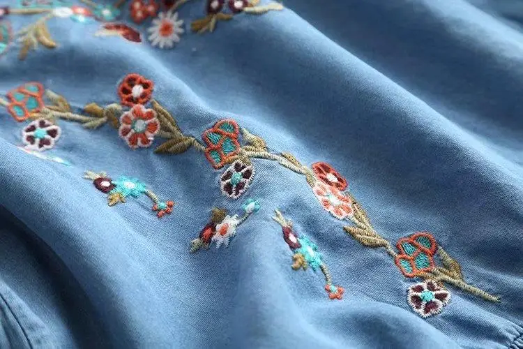 Женское джинсовое платье с цветочной вышивкой, женское летнее платье с круглым вырезом и рукавом-бабочкой, винтажное синее мини Повседневное платье